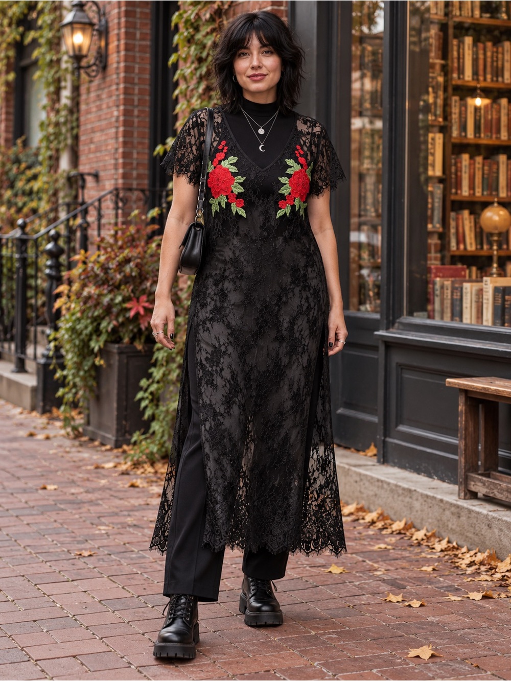 Forever 21 Black Lace Rose Embroidered Maxi Dress Whimsigoth Large
